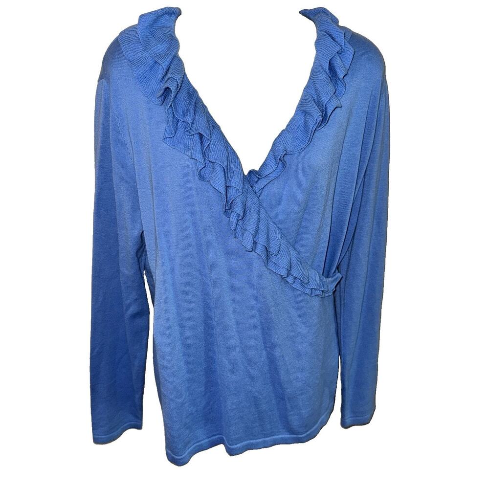 Jones Wear Blue Surplus Wrap Sweater Deep V Ruffled Trim Long Sleeve Large